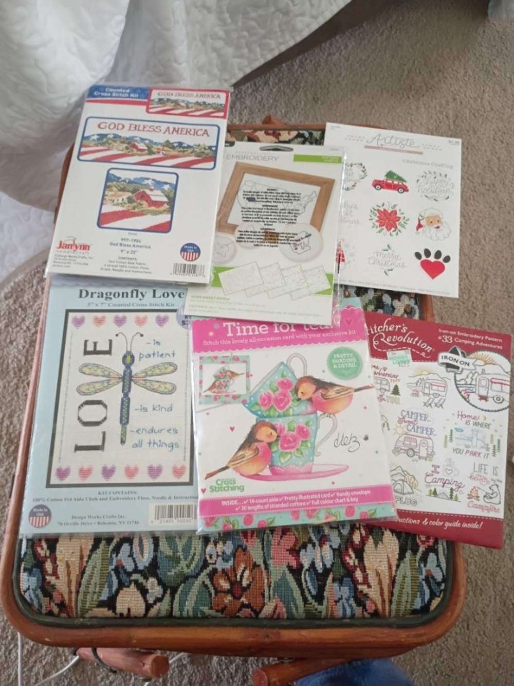 3 cross stitch kits new and 3 embroidery pattern transfer kits